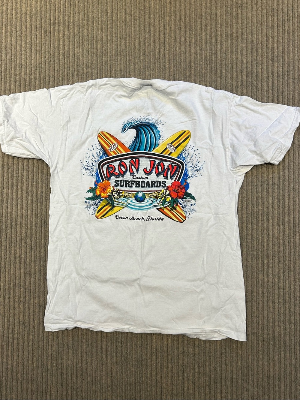 Ron Jon White Tee with Blue Wave and Multicolor Surfboard Art
